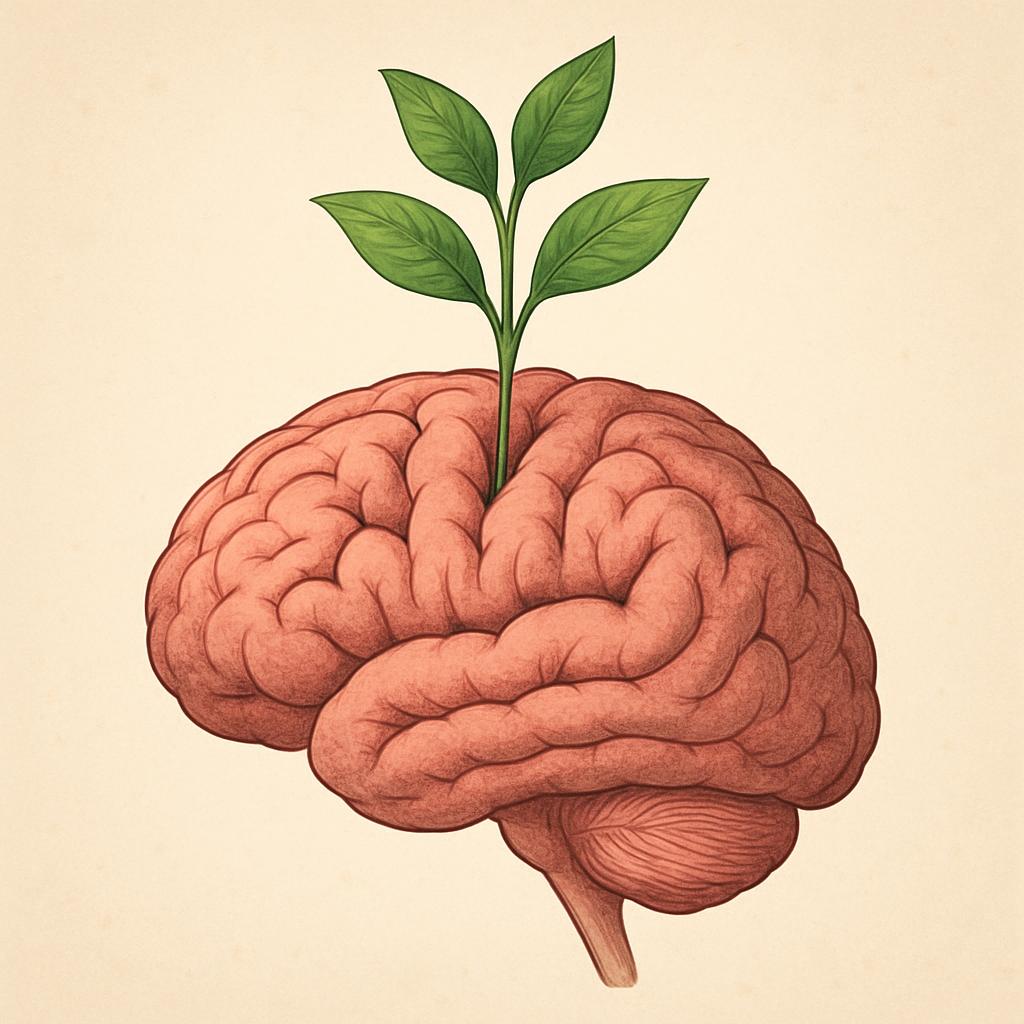 A brain with a sprouting plant growing out of it, symbolizing growth and development. The image represents the idea that t...
