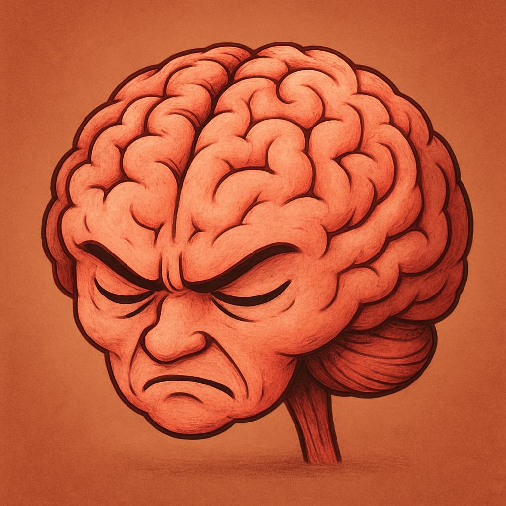 A cartoon illustration of an angry face formed by the folds of a brain. The outstretched eyebrows and downturned mouth con...
