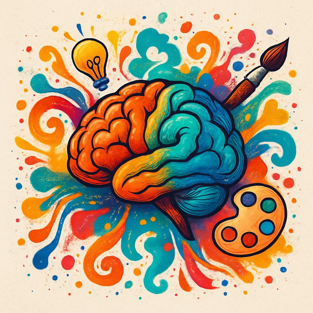 Brain with paintbrush, palette, and lightbulb in vibrant colors.