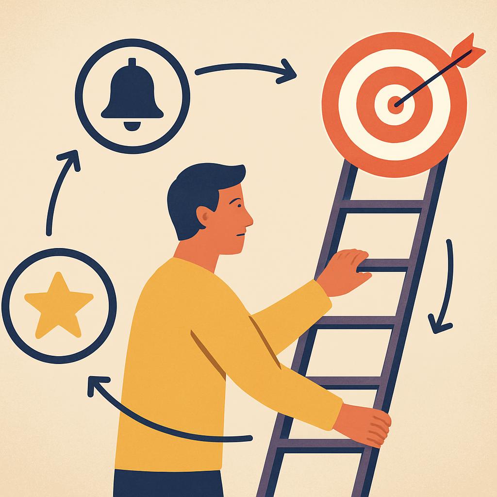 A man in a yellow shirt stands on a ladder, reaching for a target with an arrow in the bullseye. The background features v...