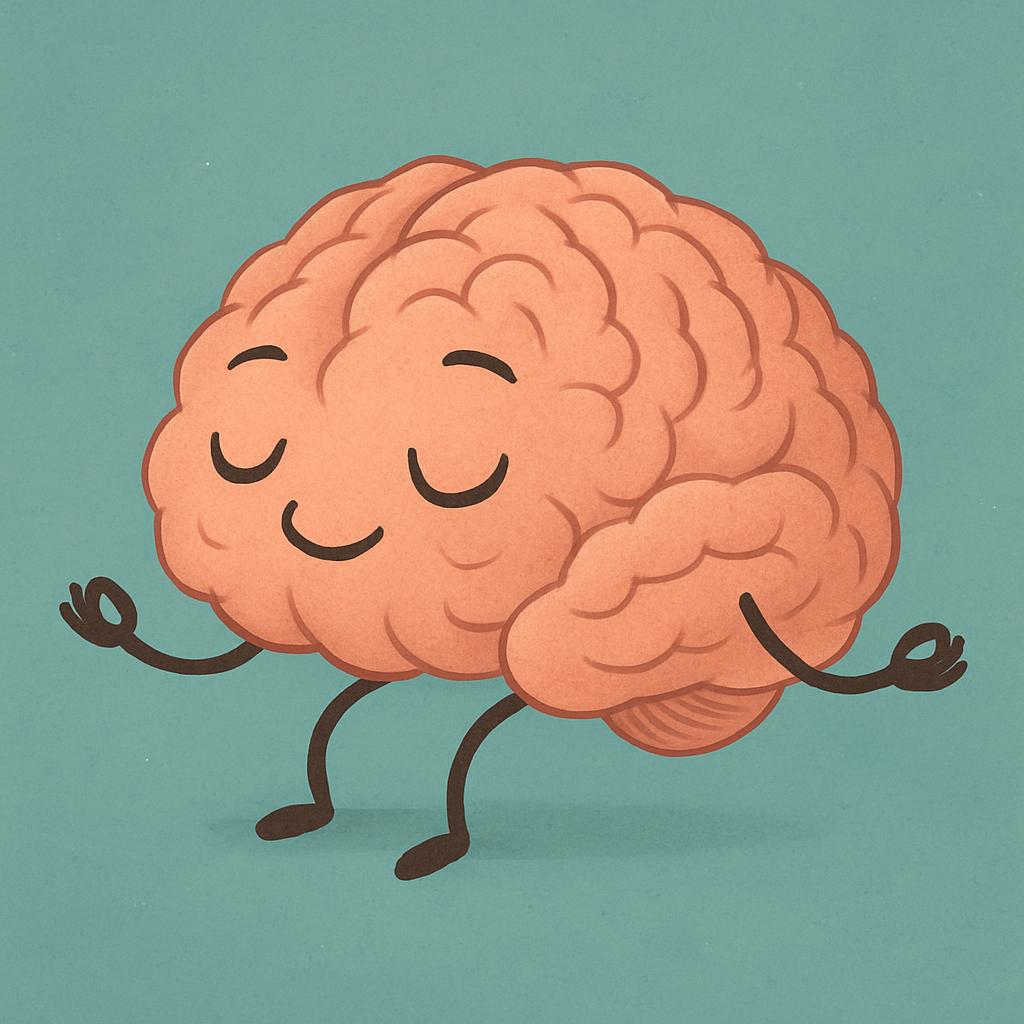 A cartoon illustration of a brain, with a euphoric expression, which provides visual content.